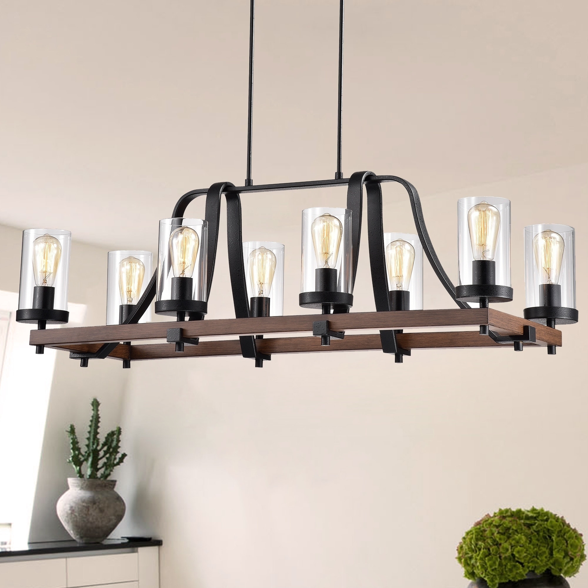 Warehouse of Tiffany Guntel Forged Metal Multi-Light Chandelier with Glass Pillar Shades (6 OR 8 lamps)