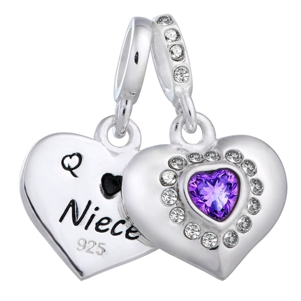 Solid 925 Sterling Silver Dangling Pink Crystal Heart Charm Bead