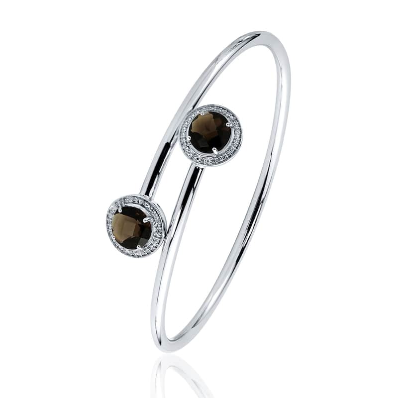 Auriya 4ct Smoky Quartz and Halo Diamond Bypass Bangle Bracelet Gold over Silver