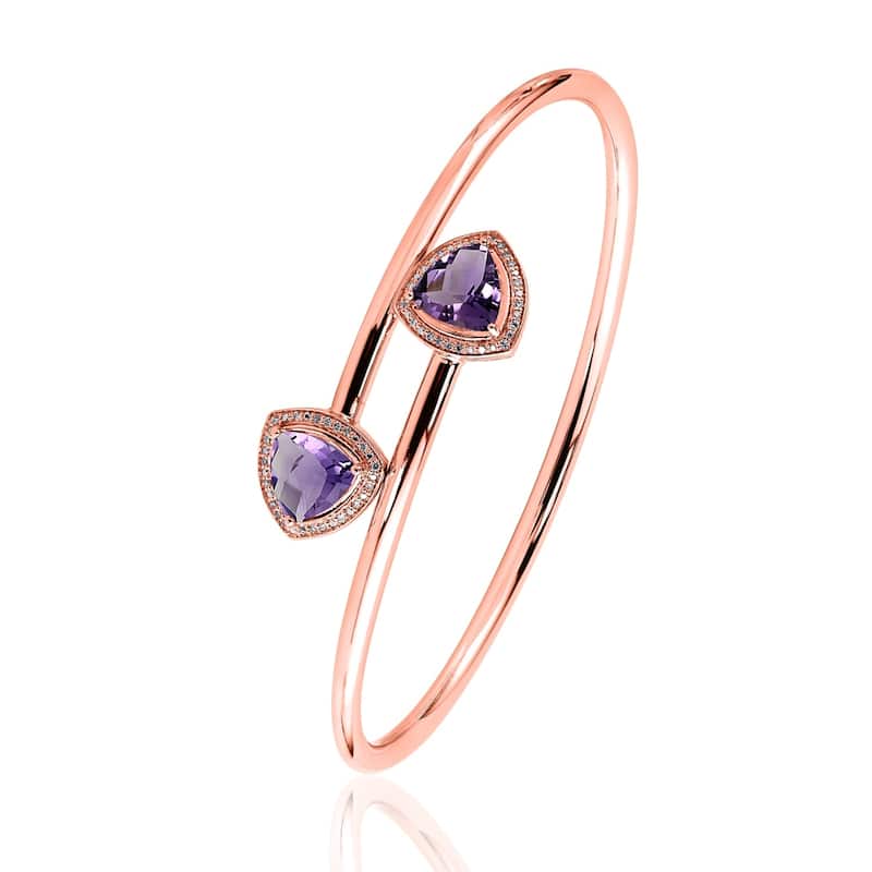 Auriya Gold over Silver 3ct Trillion-Cut Purple Amethyst and Halo Diamond Stackable Bypass Bangle Bracelet