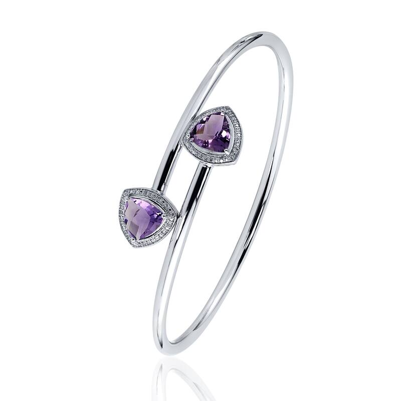 Auriya Gold over Silver 3ct Trillion-Cut Purple Amethyst and Halo Diamond Stackable Bypass Bangle Bracelet