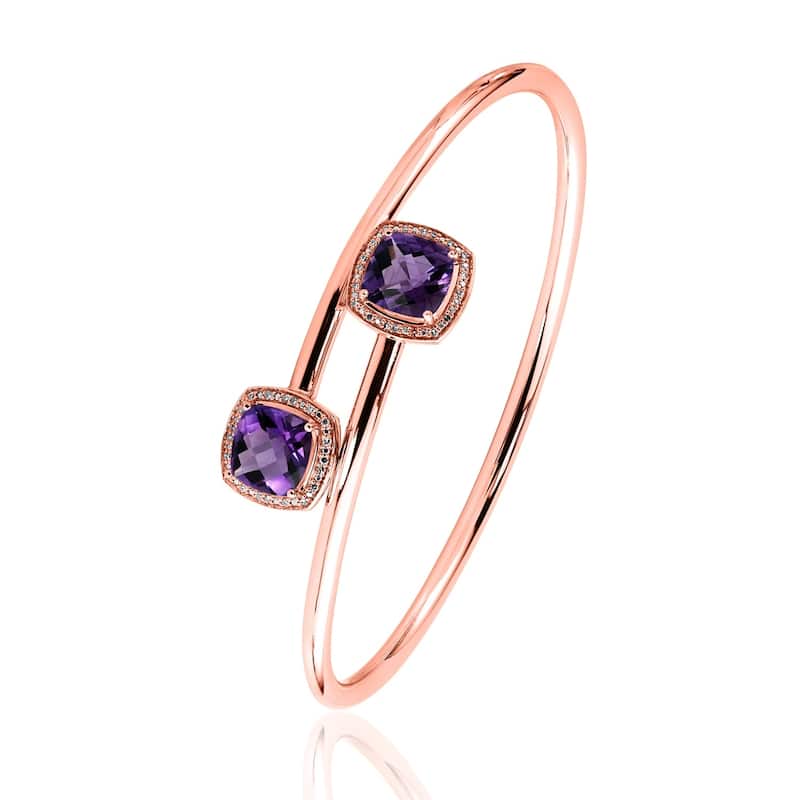 Stackable 4ct Cushion Purple Amethyst Bypass Bangle Bracelet with Diamond Accents by Auriya in Gold over Silver