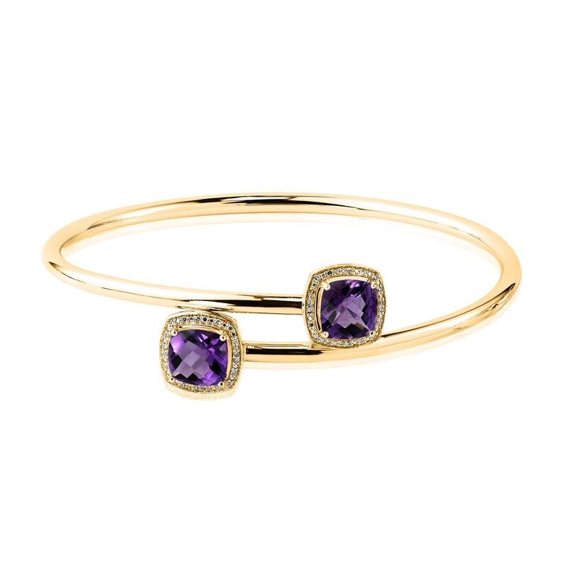 Stackable 4ct Cushion Purple Amethyst Bypass Bangle Bracelet with Diamond Accents by Auriya in Gold over Silver