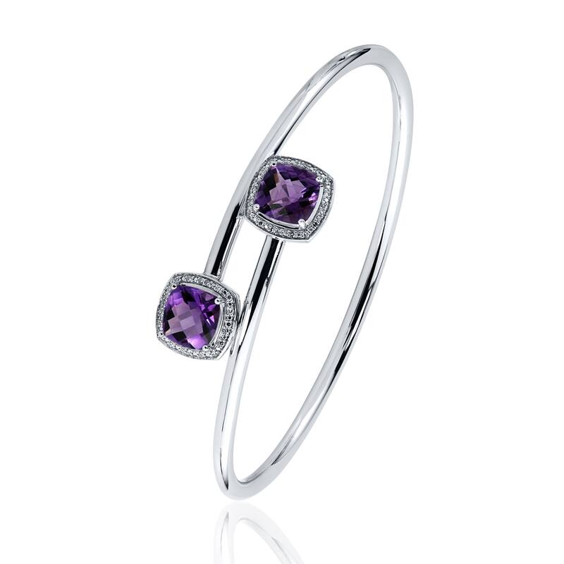 Stackable 4ct Cushion Purple Amethyst Bypass Bangle Bracelet with Diamond Accents by Auriya in Gold over Silver