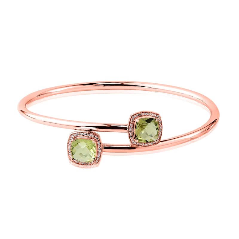 Auriya 3 1/2ct Cushion-Cut Lemon-Green Quartz Gold over Silver Bangle Bracelet with Diamond Accents
