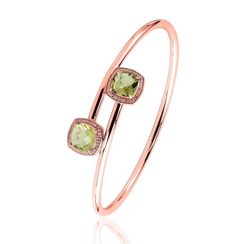Auriya 3 1/2ct Cushion-Cut Lemon-Green Quartz Gold over Silver Bangle Bracelet with Diamond Accents