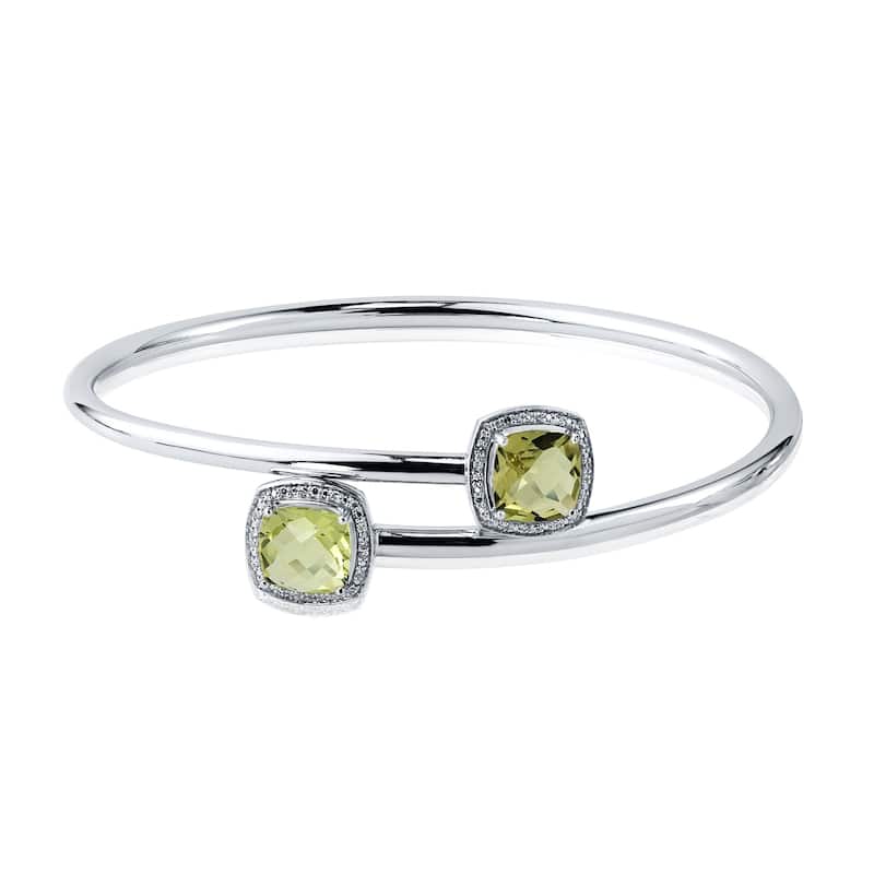 Auriya 3 1/2ct Cushion-Cut Lemon-Green Quartz Gold over Silver Bangle Bracelet with Diamond Accents