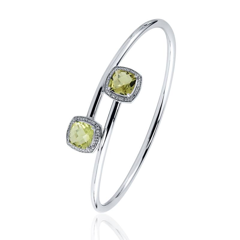 Auriya 3 1/2ct Cushion-Cut Lemon-Green Quartz Gold over Silver Bangle Bracelet with Diamond Accents