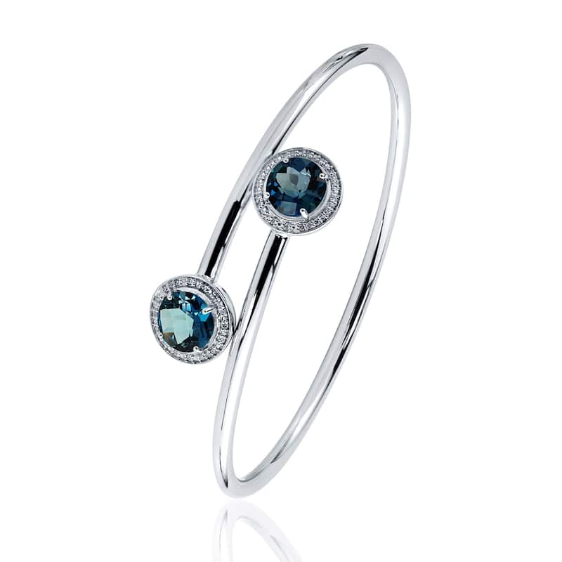 Auriya 4ct London Blue Topaz and Halo Diamond Bangle Bracelet Gold over Silver