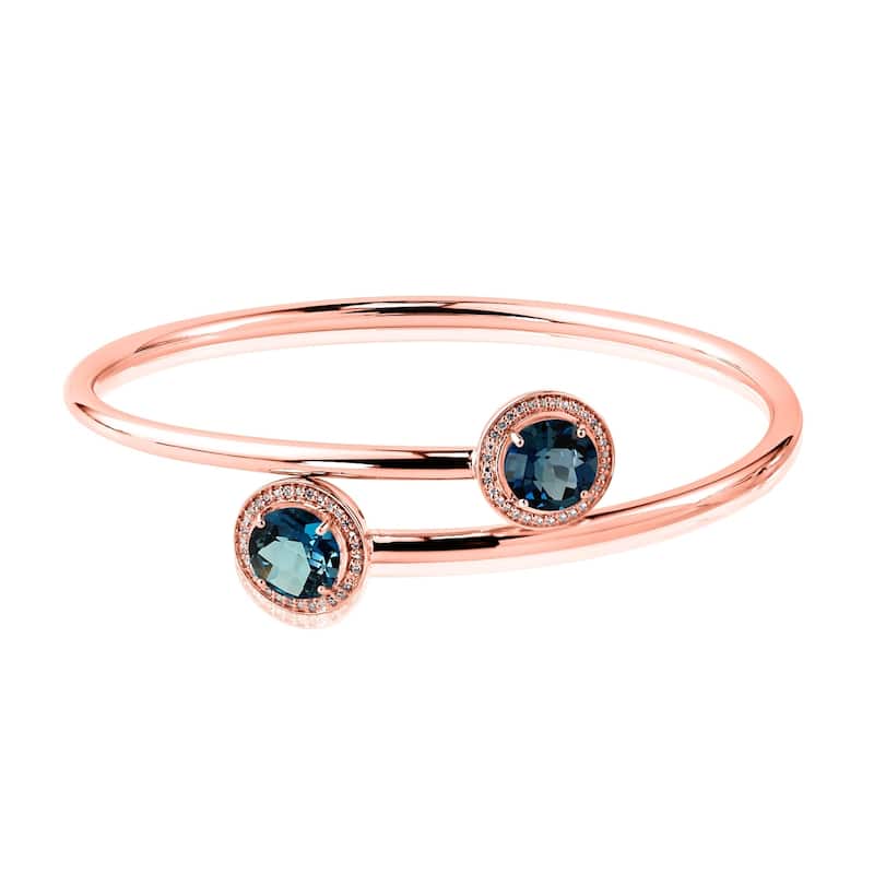 Auriya 4ct London Blue Topaz and Halo Diamond Bangle Bracelet Gold over Silver