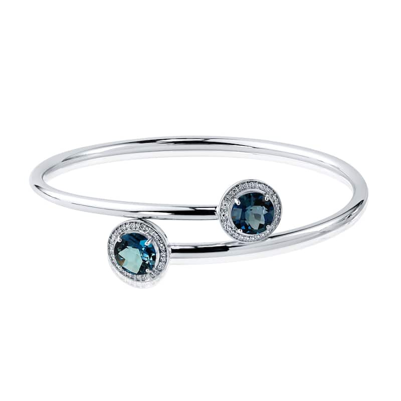 Auriya 4ct London Blue Topaz and Halo Diamond Bangle Bracelet Gold over Silver