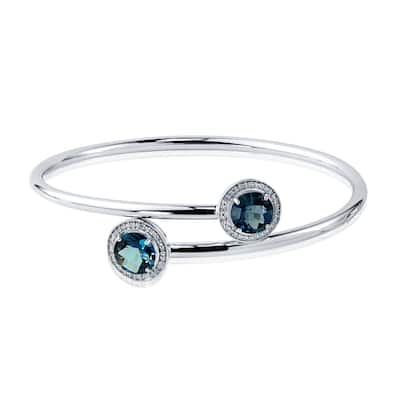 Auriya 4ct London Blue Topaz and Halo Diamond Bangle Bracelet Gold over Silver