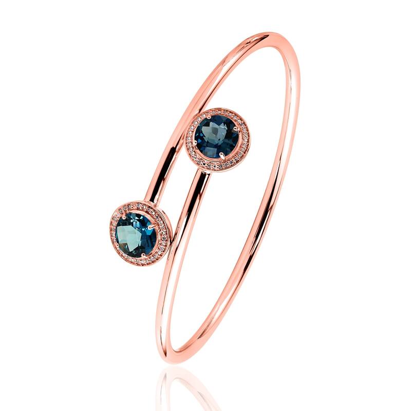 Auriya 4ct London Blue Topaz and Halo Diamond Bangle Bracelet Gold over Silver