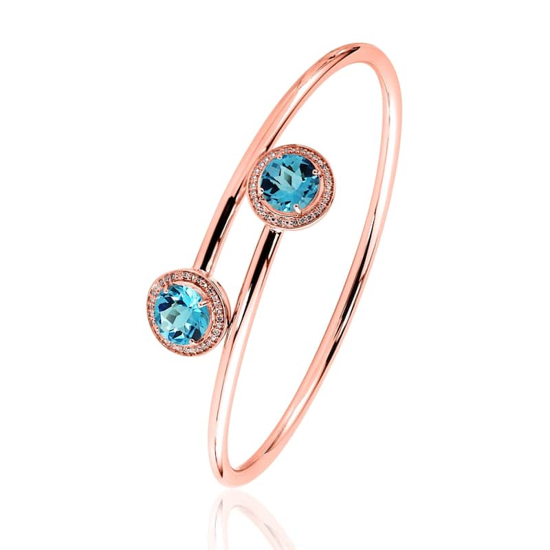 Auriya 4ct Swiss Blue Topaz and Halo Diamond Bangle Bracelet Gold over Silver