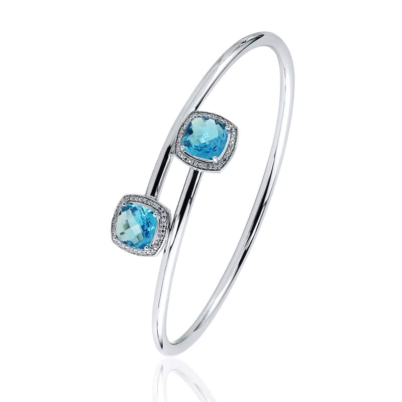 Auriya 4ct Cushion-Cut Swiss-Blue Topaz Gold over Silver Bangle Bracelet with Diamond Accents