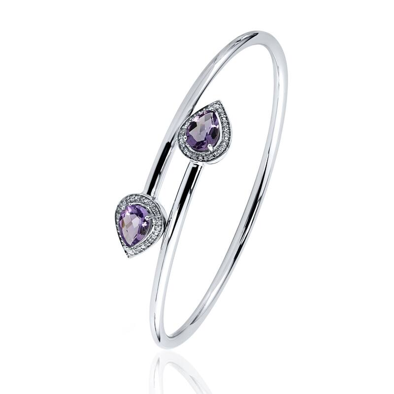 Stackable 2ct Pear Shaped Purple Amethyst Bypass Bangle Bracelet with Diamond Accents by Auriya in Gold over Silver