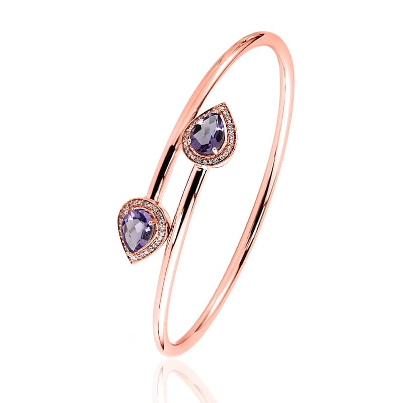 Stackable 2ct Pear Shaped Purple Amethyst Bypass Bangle Bracelet with Diamond Accents by Auriya in Gold over Silver
