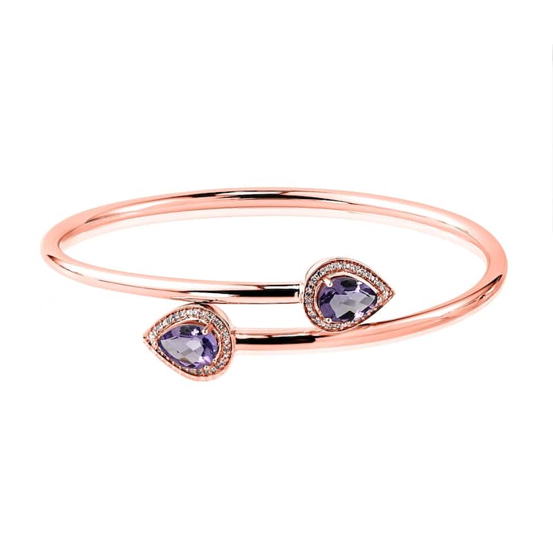 Stackable 2ct Pear Shaped Purple Amethyst Bypass Bangle Bracelet with Diamond Accents by Auriya in Gold over Silver
