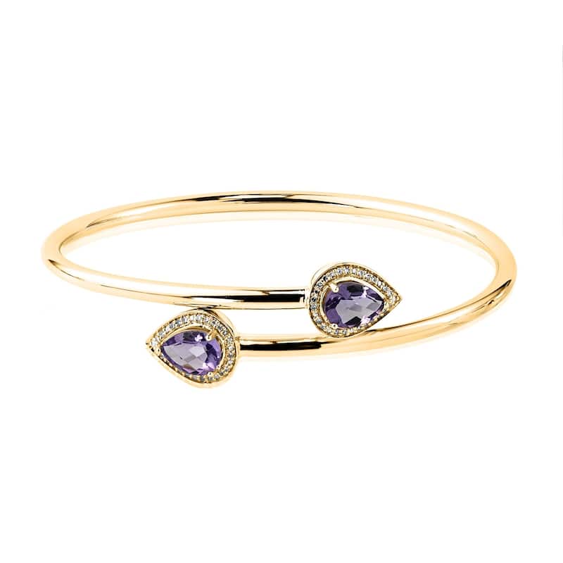 Stackable 2ct Pear Shaped Purple Amethyst Bypass Bangle Bracelet with Diamond Accents by Auriya in Gold over Silver