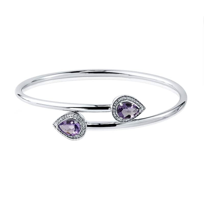 Stackable 2ct Pear Shaped Purple Amethyst Bypass Bangle Bracelet with Diamond Accents by Auriya in Gold over Silver