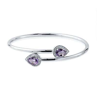 Stackable 2ct Pear Shaped Purple Amethyst Bypass Bangle Bracelet with Diamond Accents by Auriya in Gold over Silver