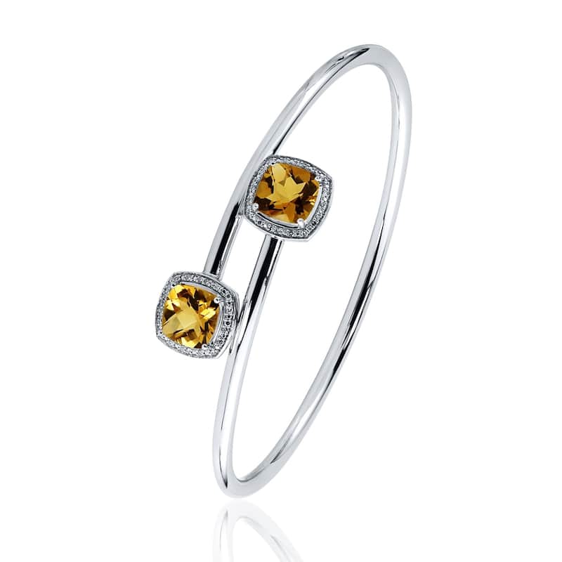 Auriya 3 3/4ct Cushion-Cut Yellow Citrine Gold over Silver Bangle Bracelet with Diamond Accents