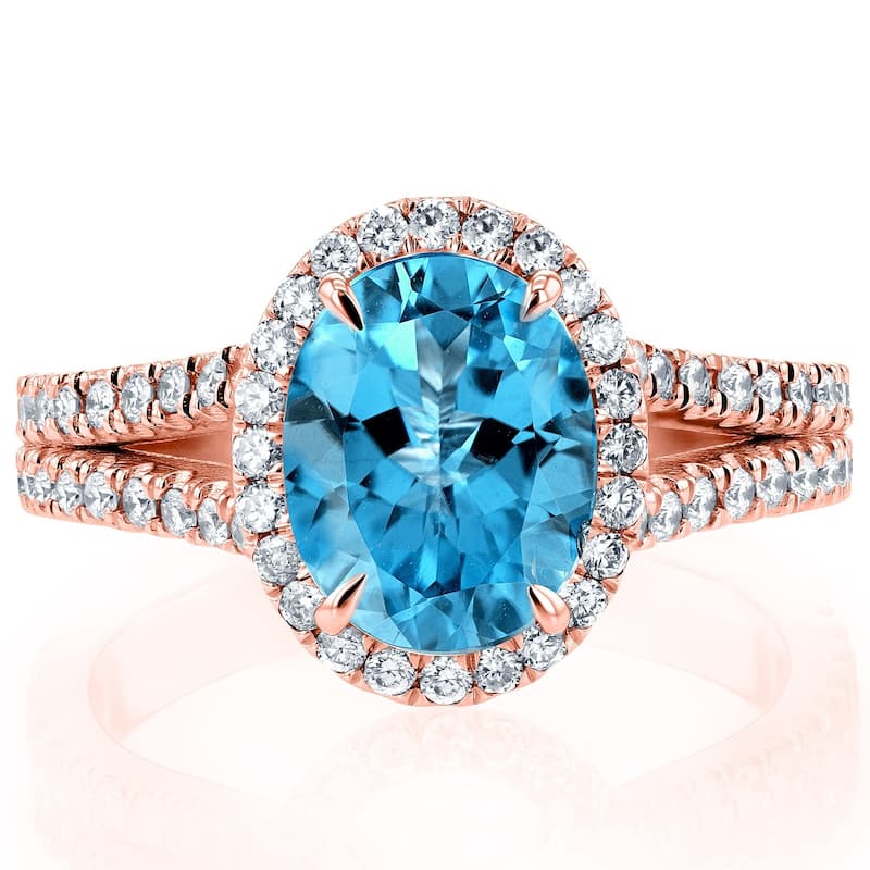 Annello by Kobelli 14k Gold 2 1/2ct TGW Oval Cut Swiss Blue Topaz and Diamond Split Shank Ring (3 Gold Colors Options)