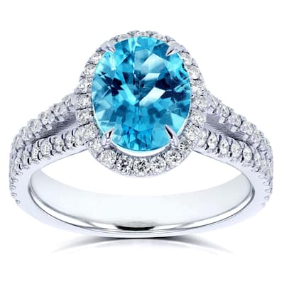 Annello by Kobelli 14k Gold 2 1/2ct TGW Oval Cut Swiss Blue Topaz and Diamond Split Shank Ring (3 Gold Colors Options)