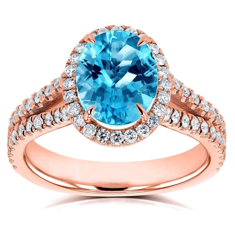 Annello by Kobelli 14k Gold 2 1/2ct TGW Oval Cut Swiss Blue Topaz and Diamond Split Shank Ring (3 Gold Colors Options)