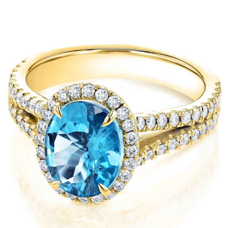 Annello by Kobelli 14k Gold 2 1/2ct TGW Oval Cut Swiss Blue Topaz and Diamond Split Shank Ring (3 Gold Colors Options)