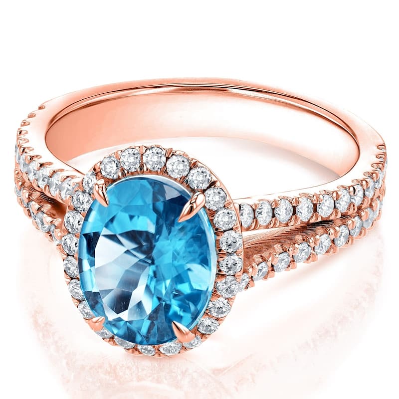 Annello by Kobelli 14k Gold 2 1/2ct TGW Oval Cut Swiss Blue Topaz and Diamond Split Shank Ring (3 Gold Colors Options)