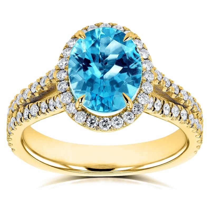 Annello by Kobelli 14k Gold 2 1/2ct TGW Oval Cut Swiss Blue Topaz and Diamond Split Shank Ring (3 Gold Colors Options)