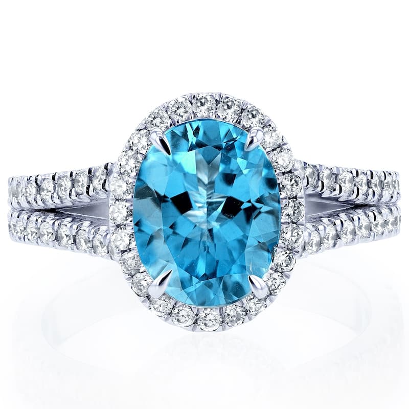 Annello by Kobelli 14k Gold 2 1/2ct TGW Oval Cut Swiss Blue Topaz and Diamond Split Shank Ring (3 Gold Colors Options)