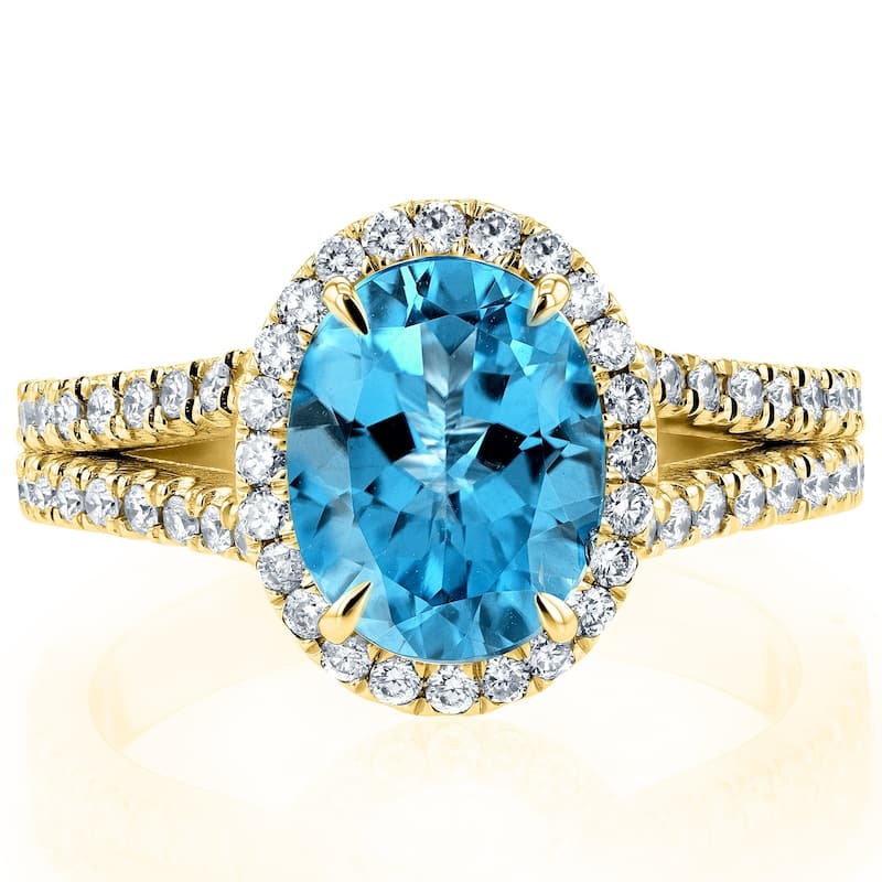 Annello by Kobelli 14k Gold 2 1/2ct TGW Oval Cut Swiss Blue Topaz and Diamond Split Shank Ring (3 Gold Colors Options)