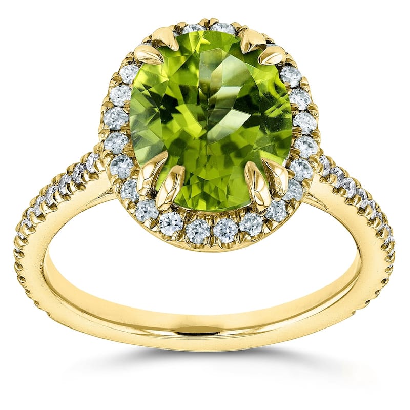 Annello by Kobelli 14k Gold 2 3/5ct TGW Oval Cut Green Peridot and Diamond Halo Gemstone Ring