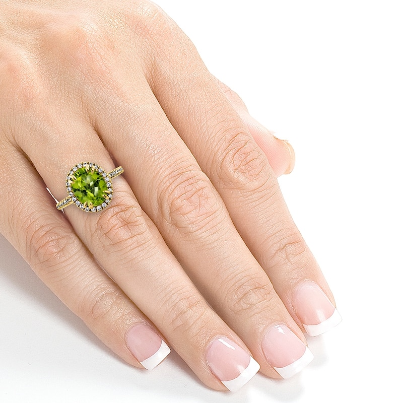 Annello by Kobelli 14k Gold 2 3/5ct TGW Oval Cut Green Peridot and Diamond Halo Gemstone Ring