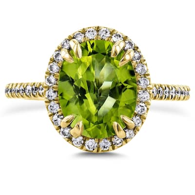 Annello by Kobelli 14k Gold 2 3/5ct TGW Oval Cut Green Peridot and Diamond Halo Gemstone Ring