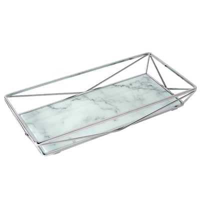 Home Details Marble Agate Design Geometric Vanity Tray in Chrome - Silver - 15.74" x 6.49" x 2.12"