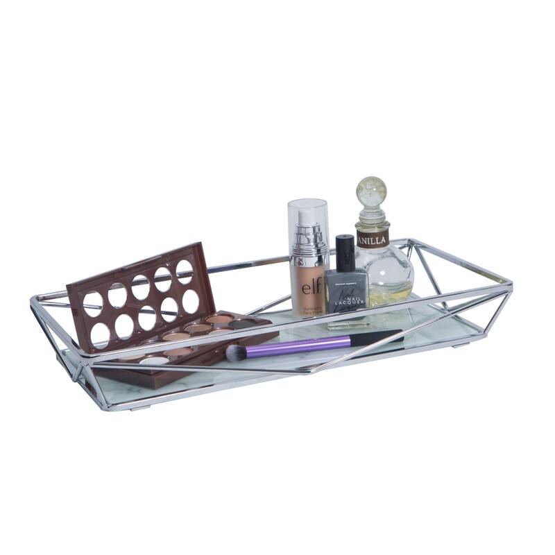 Home Details Marble Agate Design Geometric Vanity Tray in Chrome - Silver - 15.74" x 6.49" x 2.12"