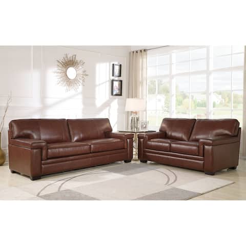 Abbyson Reagan Brown Top Grain Leather Sofa And Loveseat