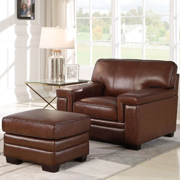 Shop Abbyson Reagan Brown Top Grain Leather Chair And Ottoman - On Sale