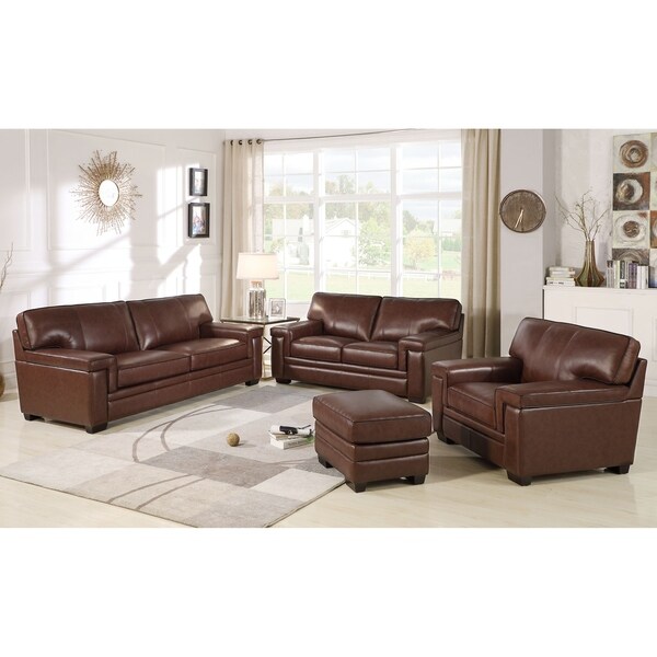 Shop Abbyson Reagan Brown Top Grain Leather 4 Piece Seating Set - On Sale - Free Shipping Today ...