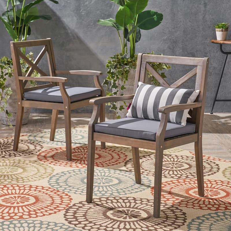Perla Outdoor Acacia Wood Dining Chair (Set of 2) by Christopher Knight Home - grey + grey cushion
