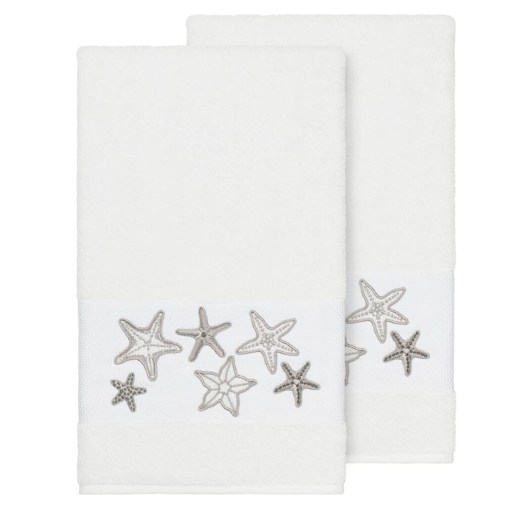 Authentic Hotel and Spa White Turkish Cotton Starfish Embroidered Bath Towels (Set of 2)