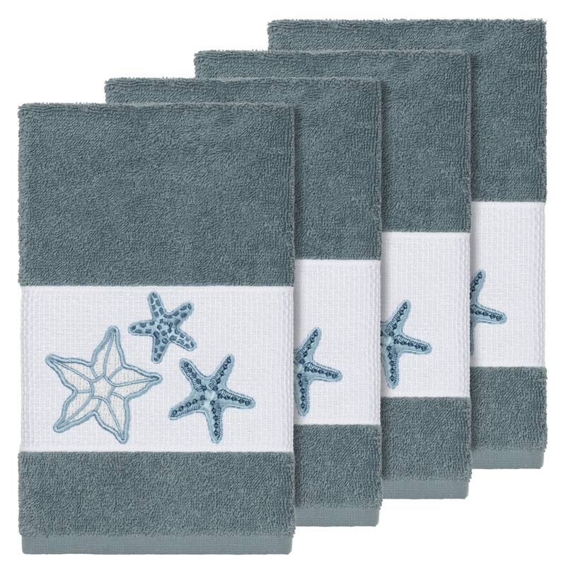 Authentic Hotel and Spa Teal Blue Turkish Cotton Starfish Embroidered Hand Towels (Set of 4)