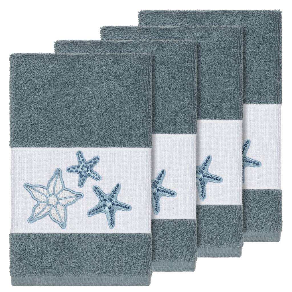 Authentic Hotel and Spa Teal Blue Turkish Cotton Starfish Embroidered Hand Towels (Set of 4)