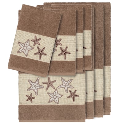 Authentic Hotel and Spa Latte Brown Turkish Cotton Starfish Embroidered 8 piece Towel Set