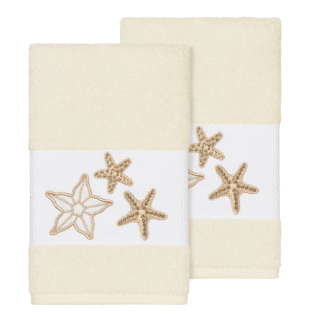 Authentic Hotel and Spa Cream Turkish Cotton Starfish Embroidered Hand Towels (Set of 2)