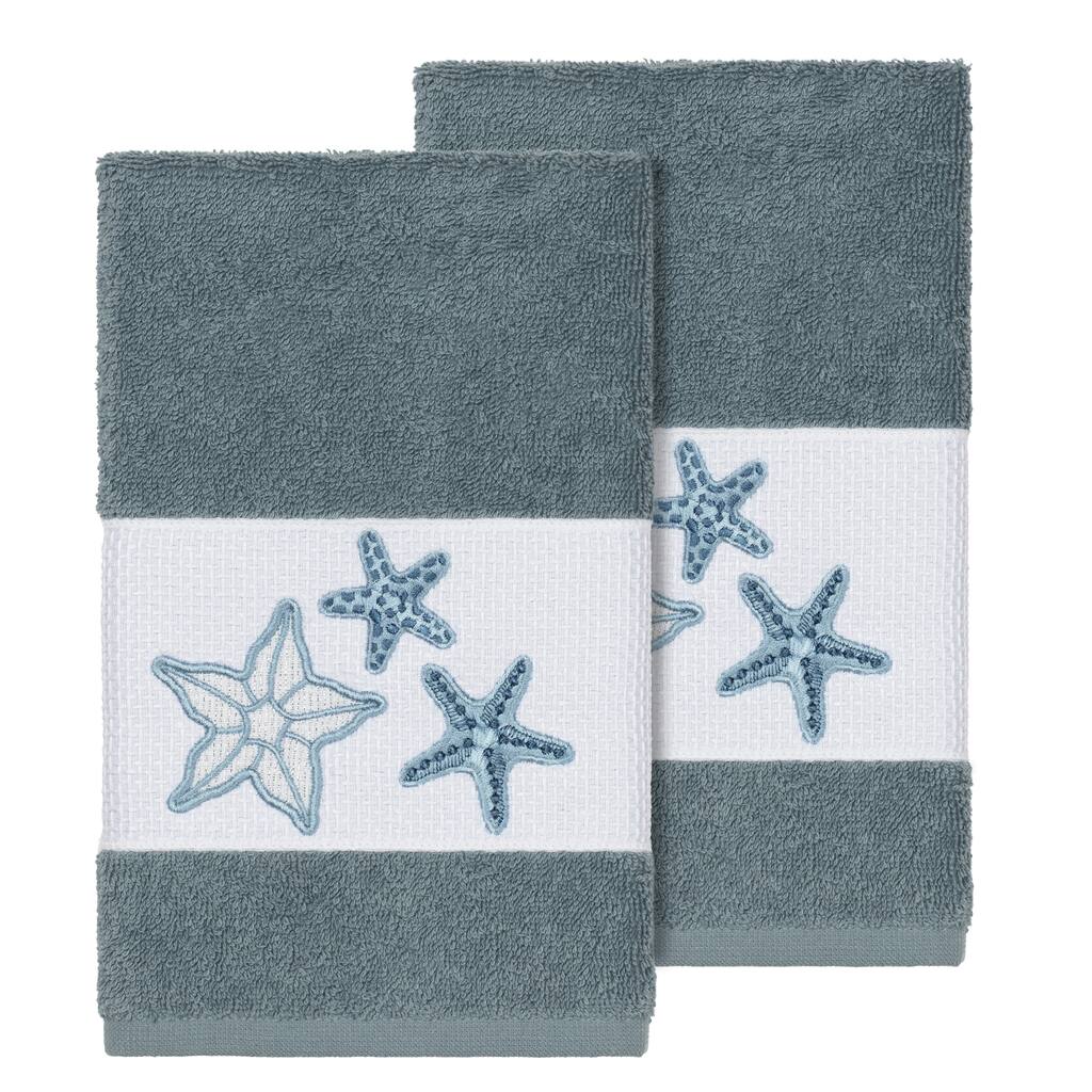 Authentic Hotel and Spa Teal Blue Turkish Cotton Starfish Embroidered Hand Towels (Set of 2)