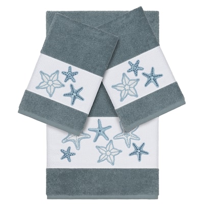 Authentic Hotel and Spa Teal Blue Turkish Cotton Starfish Embroidered 3 piece Towel Set